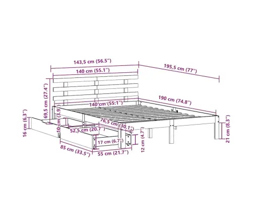 Gultas Rāmis Ar Atvilktnēm, Bez Matrača, Balts, 140X190 Cm Vidaxl