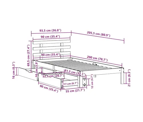 Sahtlitega Voodiraam, Ilma Madratsita, Valge, 90X200 Cm