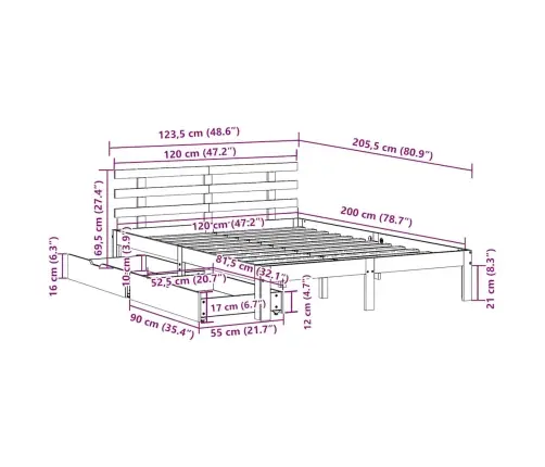 Lovos Rėmas Su Stalčiais, 120X200cm Pušies Medienos Masyvas