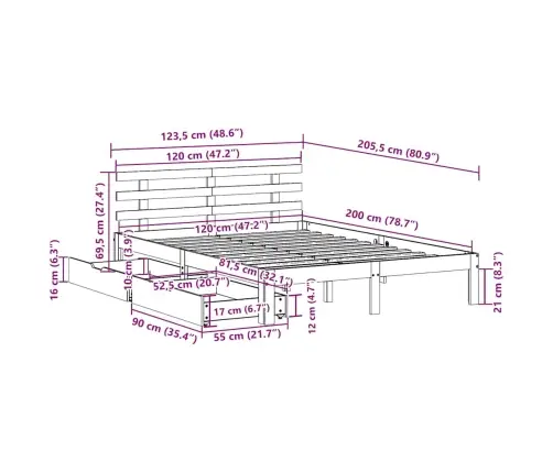 Lovos Rėmas Su Stalčiais, Baltas, 120X200cm Pušies Masyvas