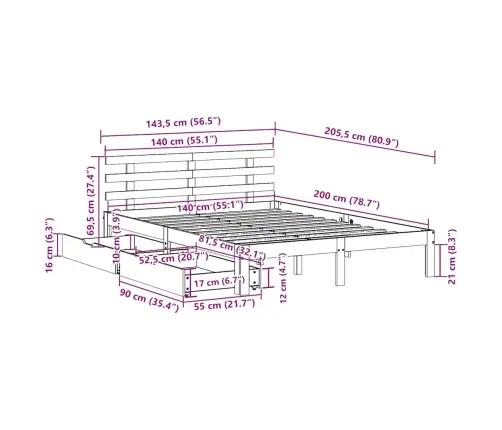 Gultas Rāmis Ar Atvilktnēm, Bez Matrača, 140X200 Cm Vidaxl