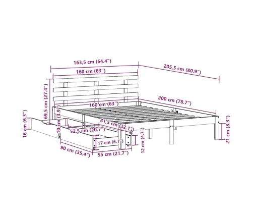 Lovos Rėmas Su Stalčiais, 160X200cm Pušies Medienos Masyvas