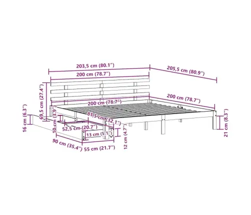 Lovos Rėmas Su Stalčiais, 200X200cm Pušies Medienos Masyvas