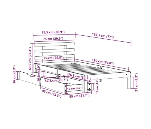 Gulta Ar Atvilktnēm, Bez Matrača, Brūna, 75X190 Cm Vidaxl