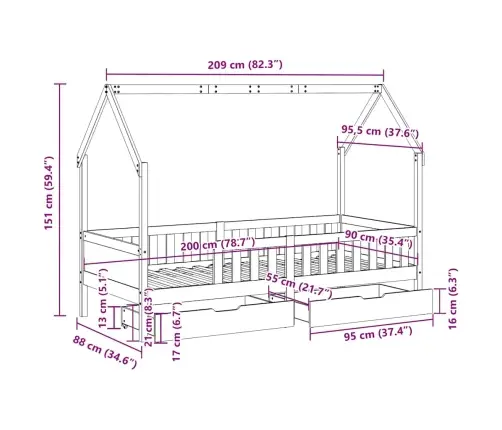 Bērnu Gultas Rāmis Ar Atvilktnēm, Bez Matrača, 90X200 Cm, Koks Vidaxl