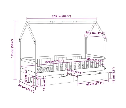 Bērnu Gultas Rāmis Ar Atvilktnēm, Bez Matrača, 90X200 Cm, Koks Vidaxl