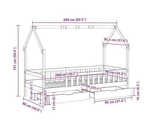 Bērnu Gultas Rāmis Ar Atvilktnēm, Bez Matrača, 90X200 Cm, Koks Vidaxl
