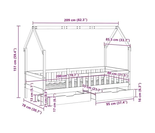 Vaikiškos Lovos Rėmas Su Stalčiais, 80X200cm Pušies Masyvas