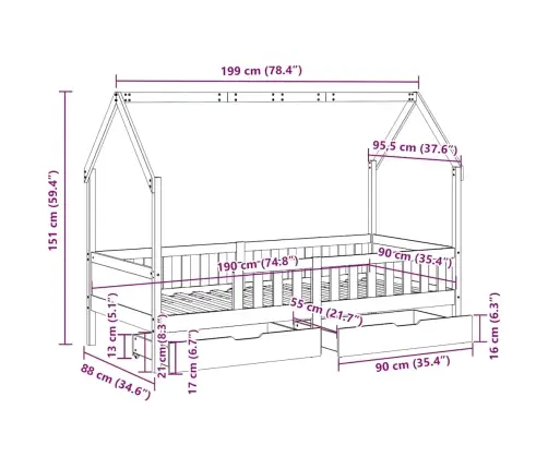 Bērnu Gultas Rāmis Ar Atvilktnēm, Bez Matrača, 90X190 Cm, Koks Vidaxl