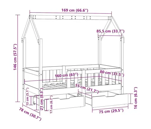 Bērnu Gultas Rāmis Ar Atvilktnēm, Bez Matrača, 80X170 Cm, Koks Vidaxl