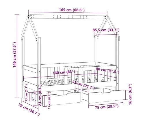 Bērnu Gultas Rāmis Ar Atvilktnēm, Bez Matrača, 80X170 Cm, Koks Vidaxl