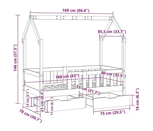 Vaikiškos Lovos Rėmas Su Stalčiais, 80X170cm Pušies Masyvas