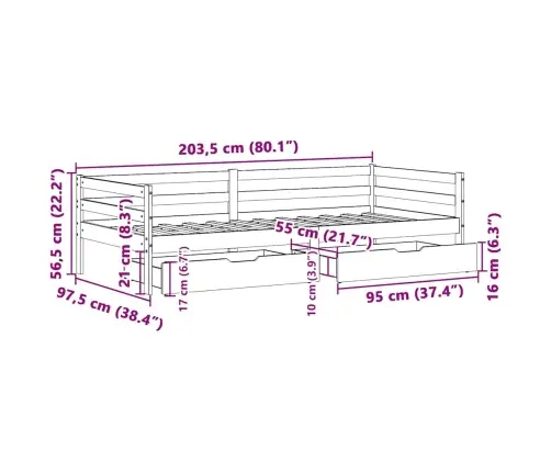 Sahtlitega Päevavoodi, Ilma Madratsita, 90X200 cm Männipuit