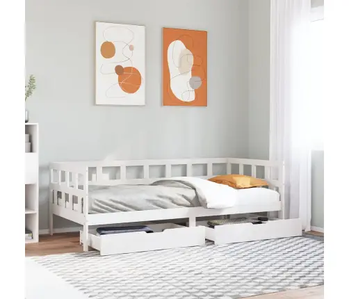 Lova Su Stalčiais, Balta, 90X200cm Pušies Medienos Masyvas