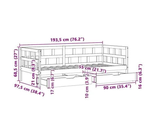 Sahtlitega Päevavoodi, Ilma Madratsita, 90X190 cm Männipuit