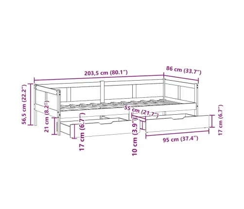 Sahtlitega Päevavoodi, Ilma Madratsita, 80X200 cm Männipuit