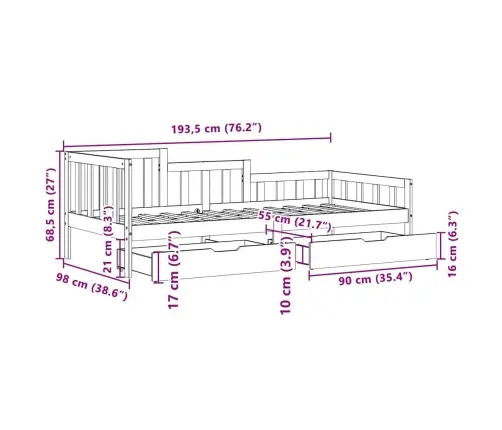 Gulta Ar Atvilktnēm, Bez Matrača, Balts, 90X190 Cm, Masīvkoks Vidaxl