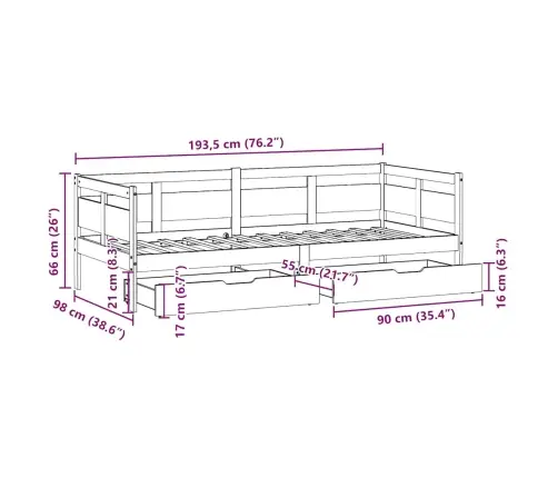 Lova Su Stalčiais, Balta, 90X190cm Pušies Medienos Masyvas