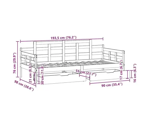 Gulta Ar Atvilktnēm, Bez Matrača, Balts, 90X190 Cm, Masīvkoks Vidaxl