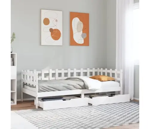 Lova Su Stalčiais, Balta, 90X200cm Pušies Medienos Masyvas