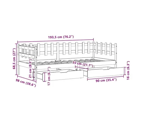 Sahtlitega Päevavoodi, Ilma Madratsita, 90X190 cm Männipuit
