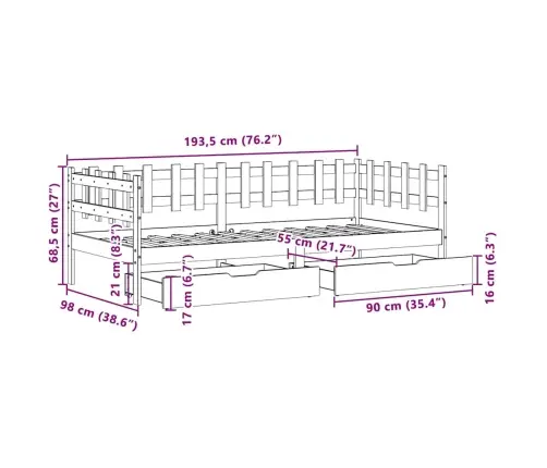 Gulta Ar Atvilktnēm, Bez Matrača, Balts, 90X190 Cm, Masīvkoks Vidaxl