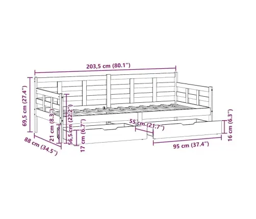 Gulta Ar Atvilktnēm, Bez Matrača, 80X200 Cm, Masīvkoks Vidaxl