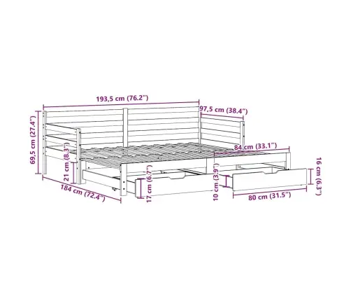 Gulta Ar Atvilktnēm, Bez Matrača, Balta, 90X190 Cm Vidaxl