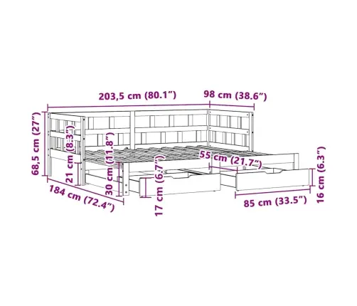 Gulta Ar Atvilktnēm, Bez Matrača, Balta, 90X200 Cm Vidaxl