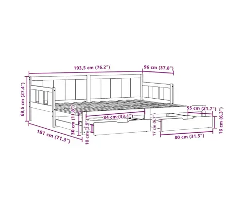 Gulta Ar Atvilktnēm, Bez Matrača, Balta, 90X190 Cm Vidaxl