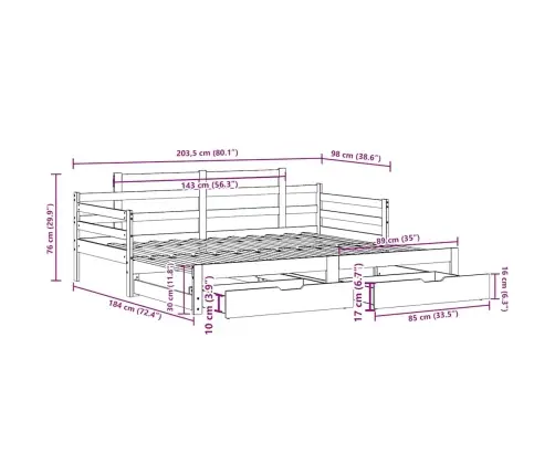 Gulta Ar Atvilktnēm, Bez Matrača, Balta, 90X200 Cm Vidaxl
