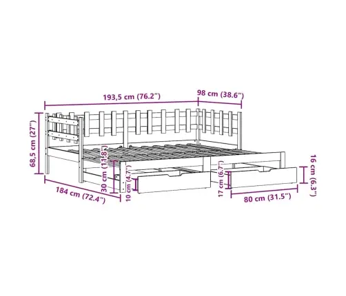 Gulta Ar Atvilktnēm, Bez Matrača, Balta, 90X190 Cm Vidaxl