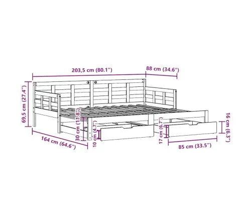 Gulta Ar Atvilktnēm, Bez Matrača, Balta, 80X200 Cm Vidaxl