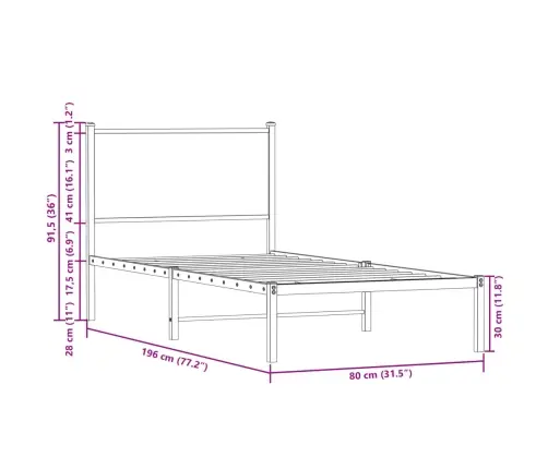 Metallist Voodiraam Ilma Madratsita Suitsutatud Tamm 75X190 Cm
