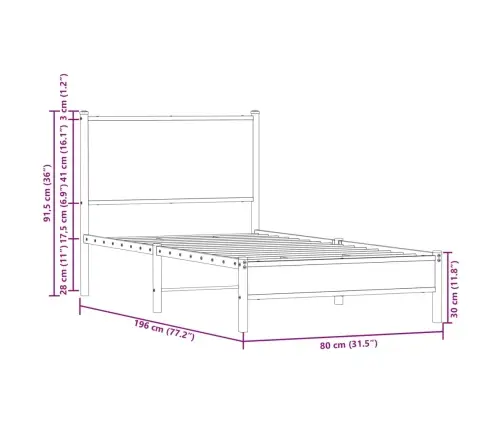 Metallist Voodiraam Ilma Madratsita Suitsutatud Tamm 75X190 Cm