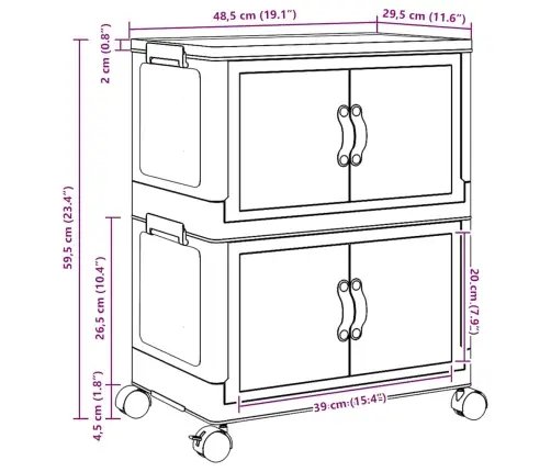 Glabāšanas Kaste Ar Riteņiem 2 Līmeņu, 28 L, 48,5X29,5X59,5 Cm Vidaxl