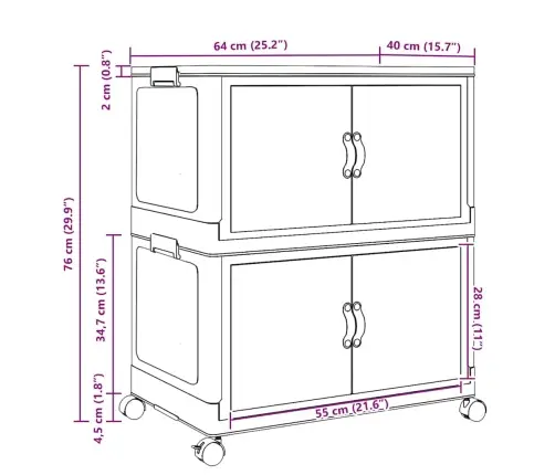 Saliekama Glabāšanas Kaste Ar Riteņiem 2 Līmeņu 75 L 64X40X76Cm Vidaxl
