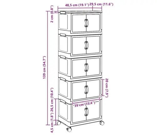 Glabāšanas Kaste Ar Riteņiem 5 Līmeņu, 28 L, 48,5X29,5X139 Cm Vidaxl