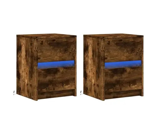 Naktinės Spintelės Su Led Lemputėmis, 2Vnt., Dūminės, Mediena