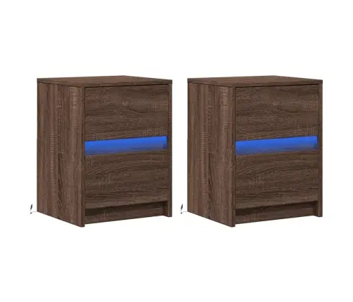 Naktinės Spintelės Su Led Lemputėmis, 2Vnt., Rudos, Mediena