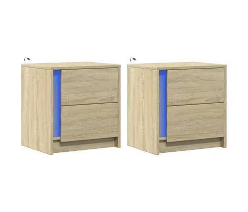 Naktsskapīši Ar Led, 2 Gab., Ozolkoka Krāsā, Inženierijas Koks Vidaxl