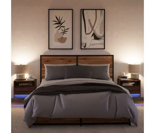 Sieninės Naktinės Spintelės Su Led, 2Vnt., Rudos Ąžuolo