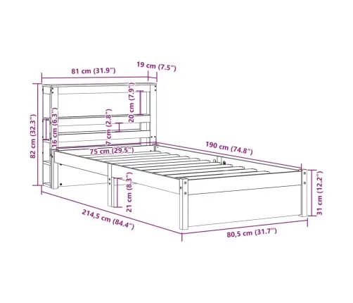 Gultas Rāmis Ar Galvgali, Balts, 75X190 Cm, Priedes Masīvkoks Vidaxl