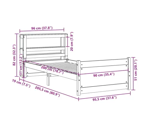 Gultas Rāmis Ar Galvgali Bez Matrača, Balts, 90X200 Cm Vidaxl