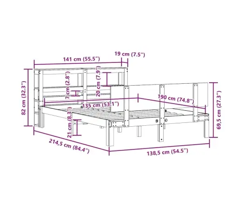 Gultas Rāmis Ar Galvgali, Balts, 135X190 Cm, Priedes Masīvkoks Vidaxl