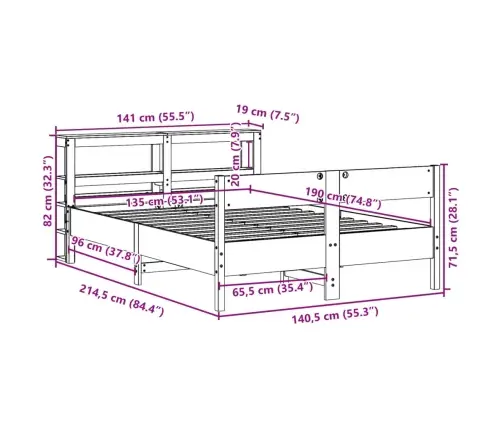 Voodiraam Ilma Madratsita, Vahapruun, 135 X 190 cm Männipuit
