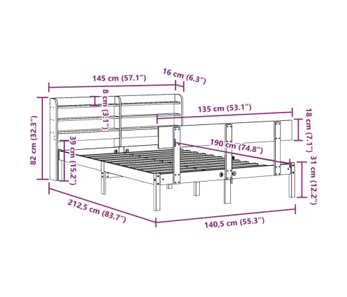 Gulta Bez Matrača, Balts, 135X190 Cm, Priedes Masīvkoks Vidaxl
