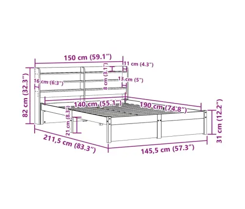 Gultas Rāmis Ar Galvgali Bez Matrača, Balts, 140X190 Cm Vidaxl