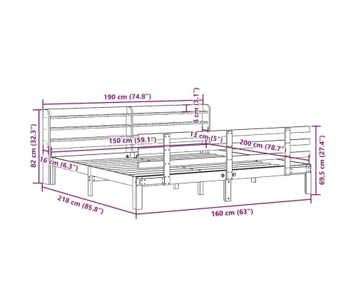 Gultas Rāmis Ar Galvgali, Vaska Brūnas, 150X200 Cm, Priede Vidaxl