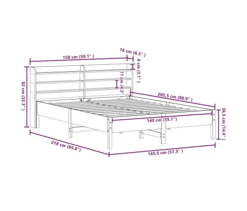 Gulta Bez Matrača, Vaska Brūnas, 140X200 Cm, Priedes Masīvkoks Vidaxl